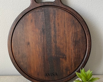 Dark Walnut Stained Round Charcuterie Platter with Handle | Pizza Serving Tray | Side Cutting Board| Multiple use
