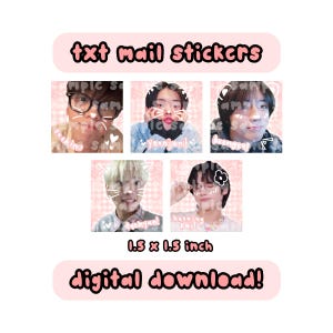 Puede incluir: Descarga digital rosa y blanca con cinco imágenes de personas con bigotes de gato y el texto "txt mail stickers". Cada pegatina mide 3,8 x 3,8 cm. La parte inferior de la imagen dice "digital download!"