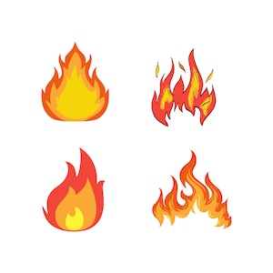May include: Four different illustrations of fire flames in various styles. The flames are red, orange, and yellow.