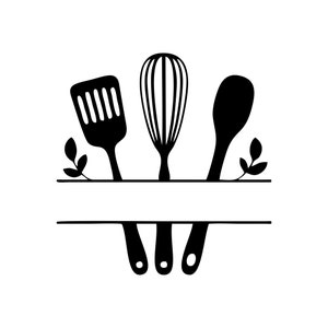 May include: Black and white silhouette of a spatula, whisk, and spoon with leafy stems on either side. The utensils are arranged vertically with a blank space in the middle for text.