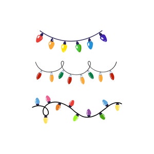May include: Three strands of colorful Christmas lights are displayed against a white background. Each strand features a different design, with bulbs in various colors like red, orange, yellow, green, and blue. The lights are arranged in a festive and decorative manner.