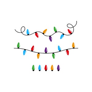 May include: Vector illustration of Christmas lights in various colors, including red, green, blue, orange, and purple. The lights are strung on black wires, with some strands having a looped design. The image is set against a white background.