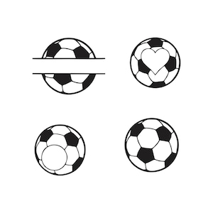 Könnte beinhalten: Vier schwarz-weiße Fußball-Designs. Das erste Design hat einen leeren Platz für Text. Das zweite Design hat ein Herz in der Mitte des Balls. Das dritte Design hat einen Kreis in der Mitte des Balls. Das vierte Design ist ein Standard-Fußball.