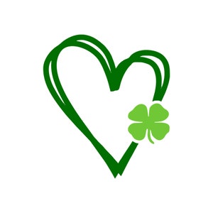 Op de afbeelding: Een groen hart met een klavertje vier erin. Het hart is getekend met een dikke, donkergroene lijn.