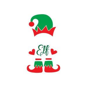 May include: A festive graphic featuring a green elf hat with a red pom-pom and a red crown. Below, the word "Elf" is written in green script, flanked by two red hearts, with red and green elf shoes completing the design. The image is set against a white background.