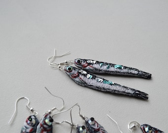 Fish earrings Sardine earrings embroidered earrings ocean mermaid sterling silver