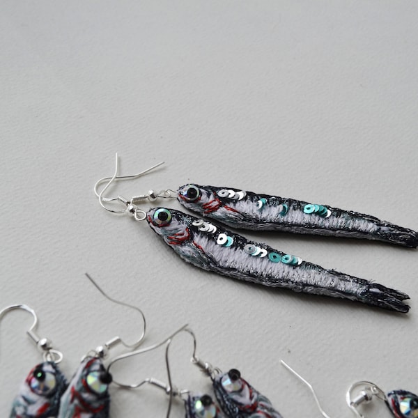 Fish earrings Sardine earrings embroidered earrings ocean mermaid sterling silver