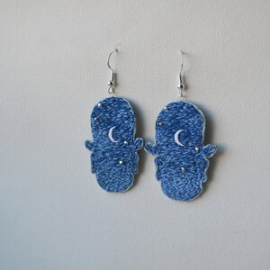 Crescent moon silver earrings embroidery beads rene magritte