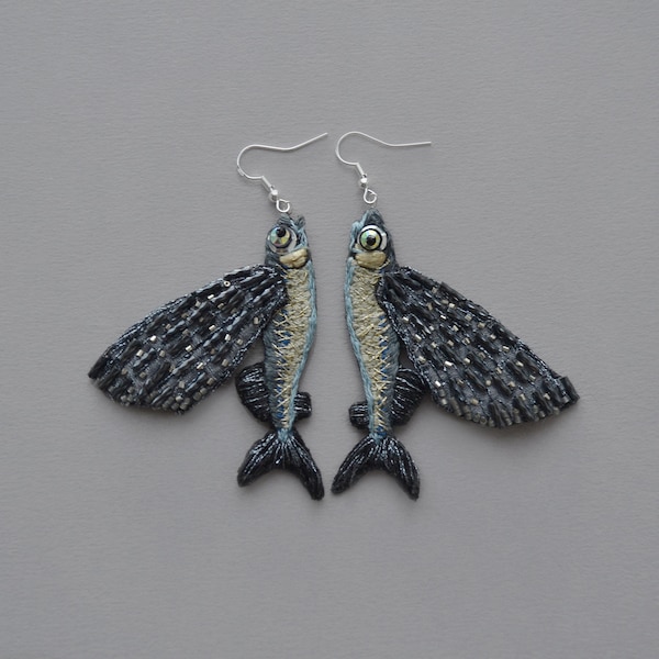 Fish earrings Sardine earrings embroidered earrings ocean mermaid sterling silver