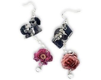 Handmade retro chandelier earring set. Sterling silver-plated, retro girls with sunglasses, vintage camera, and pink flowers. Cool gifts.