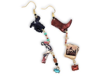 Handmade western chandelier earring set. 18K gold plated, cowboy boot, cowboy silhouette, cowgirl, rodeo Polaroid pic, miniature charms.