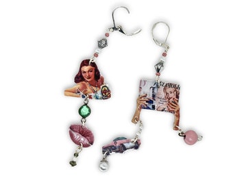 Retro chandelier earring set. Sterling silver-plated, pinup girl with bev, hands holding fashion magazine, pink lips, pink vintage car.