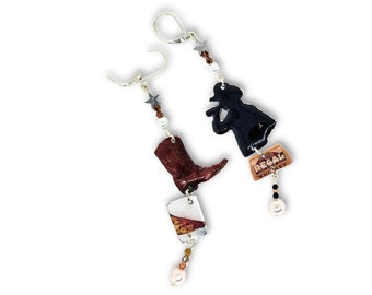 Handcrafted, urban cowboy chandelier earring set. Sterling silver-plated, cowboy boot, cowboy silhouette, whiskey cocktail, whiskey sign.