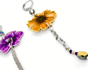 Purple and Yellow flower huggie hoop earring set. Sterling silver-plated photograph charms, glass beading, and gems. Whimsical Jewelry.