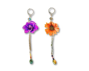 Purple and Yellow flower huggie hoop earring set. Sterling silver-plated photograph charms, glass beading, and gems. Whimsical Jewelry.