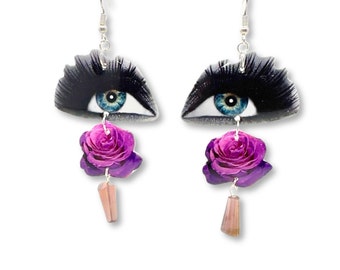 Fuchsia Rose Eye Earring Set, Sterling Silver-Plated Chandelier Charms with Glass Gems, Handcrafted & Unique