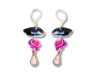 Colorful Fuchsia Eye and Flower Earring set  - Sterling Silver-Plated Elements, Whimsical and Fun Jewelry. Hypoallergenic and lightweight.