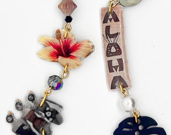 Hawaiian Mismatched Earrings Set - 18K Gold-Plated with a Tropical Twist - Hula Dancer, Scuba Girls, Sea Shells, Palm Leaves