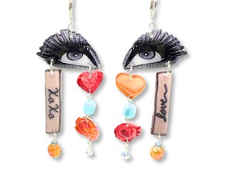 Handcrafted eye earring charm chandelier set. Sterling silver-plated, eye, heart, rose, xo, love photograph charms, glass beading gems.