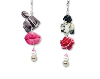 Handcrafted retro man and woman charm chandelier earring set. Sterling silver-plated pink lips, pink rose, pearl beads. Whimsical jewelry.