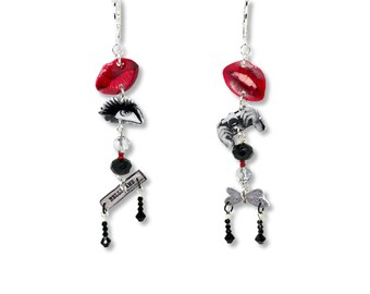 Old Hollywood Charm Chandelier Earrings: Red Lips, Camera, Dragonfly, Glass Gems - Sterling Silver-Plated Set. 60s,70s,80s,90s, Miniature