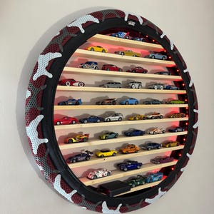 26” Toy Car Display – LED Wall Shelf with Rare Bicycle Tyre | Handcrafted Pine Wood for Hot Wheels & Disney Cars