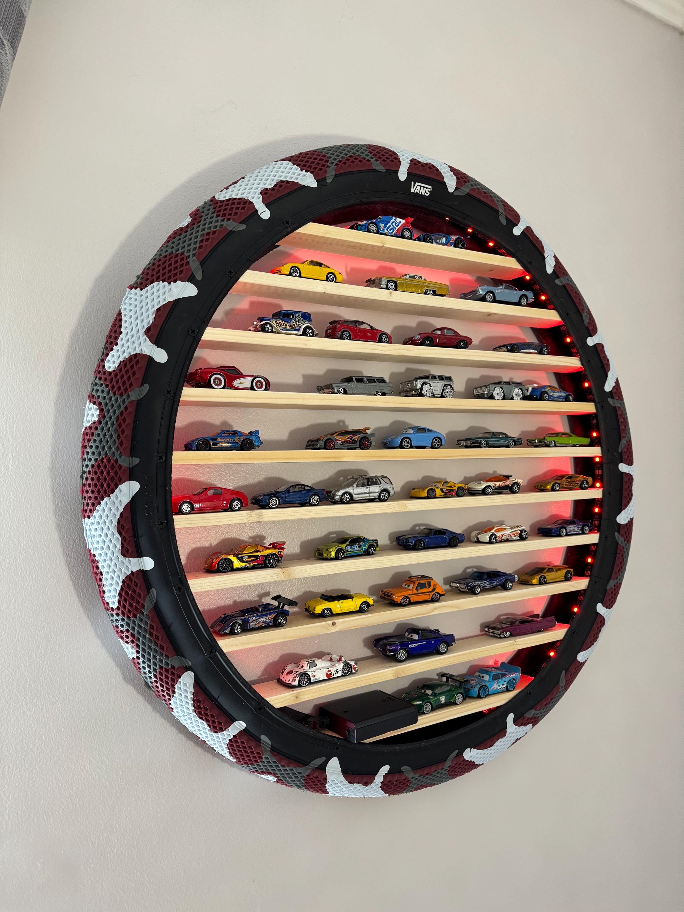 26” Toy Car Display – LED Wall Shelf with Rare Bicycle Tyre | Handcrafted Pine Wood for Hot Wheels & Disney Cars