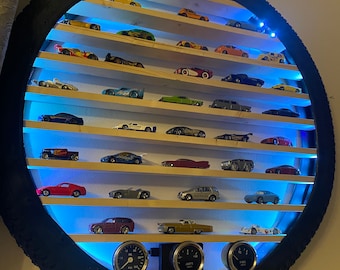 26" Tire Toy Car Display Shelf, LED Lit Man Cave Decor