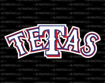 May include: A white, red, and blue stylized wordmark that reads "TEXAS". The letters are outlined in blue and have a white interior. The "T" has a red outline and the "E" and "S" have a blue outline.