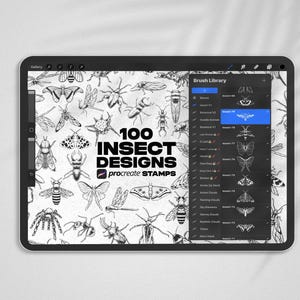 May include: A digital illustration of 100 insect designs for Procreate stamps. The image shows a variety of insects, including butterflies, moths, beetles, and spiders. The designs are black and white and are arranged in a grid pattern. The text "100 INSECT DESIGNS procreate STAMPS" is displayed in the center of the image.