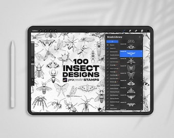 May include: A digital illustration of 100 insect designs for Procreate stamps. The image shows a variety of insects, including butterflies, moths, beetles, and spiders. The designs are black and white and are arranged in a grid pattern. The text "100 INSECT DESIGNS procreate STAMPS" is displayed in the center of the image.
