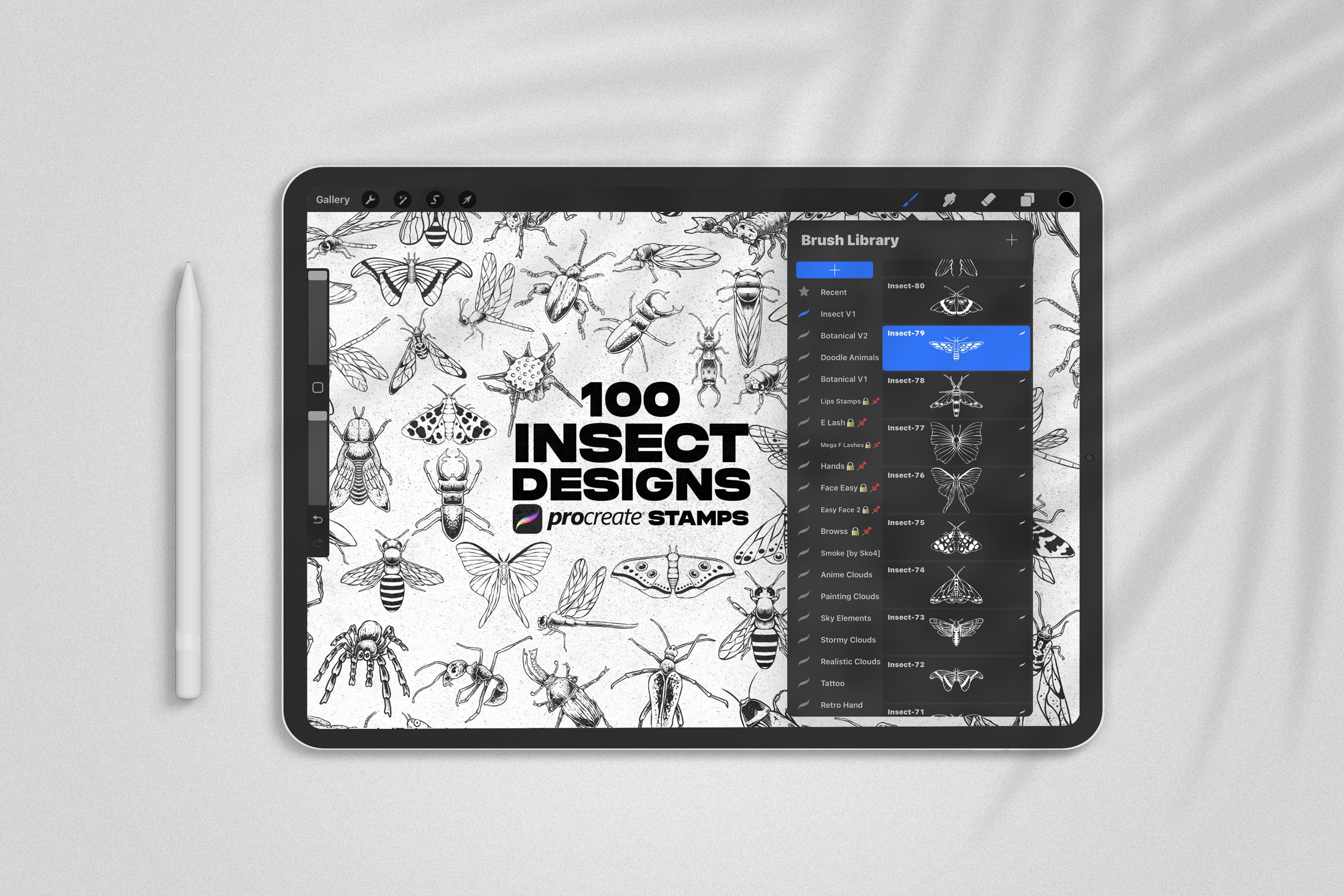 Set de 100 sellos y pinceles de insectos para Procreate – Escarabajos, Polillas, Mariposas, Abejas, Libélulas y más
