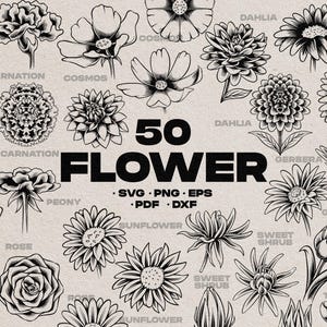 50 Flower SVG Bundle, Botanical, Flower SVG, Floral SVG, Wedding Svg, Floral Bouquet, Svg Flower Art Bundle, Digital Download.