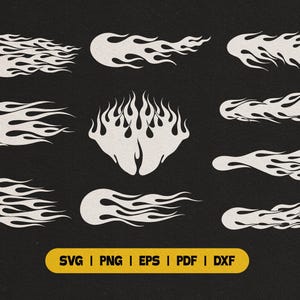 Puede incluir: Una colección de diseños de llamas blancas de varias formas y tamaños, sobre un fondo negro. La imagen incluye un diseño de llama central y varios gráficos de llamas estilizadas. La parte inferior de la imagen contiene el texto: SVG | PNG | EPS | PDF | DXF.