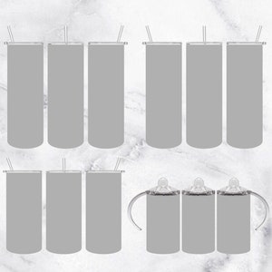 May include: Set of nine stainless steel tumblers with lids and straws. Six tumblers are standard size, three are smaller with handles.