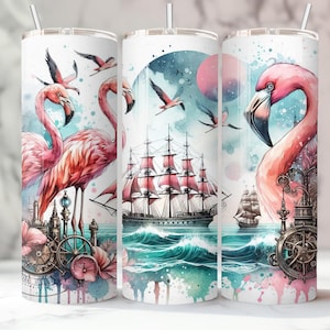 Flamingo Tumbler, Nautical Flamingo, Flamingo Travel Tumbler, Travel Mug, Drinkware, Stainless with Straws, Christmas Gift for Mom