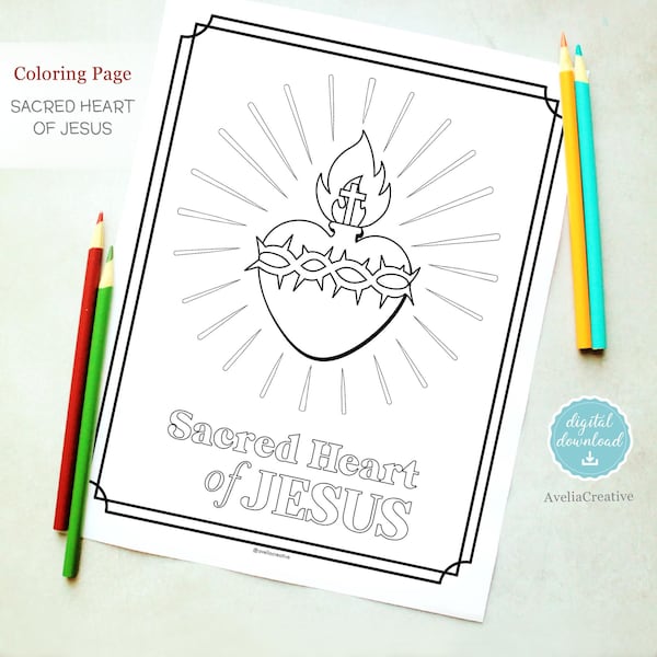 Sacred Heart of Jesus Coloring Page, Instant Download, Kids coloring Sacred Heart of Jesus, Printable Catholic kids coloring page