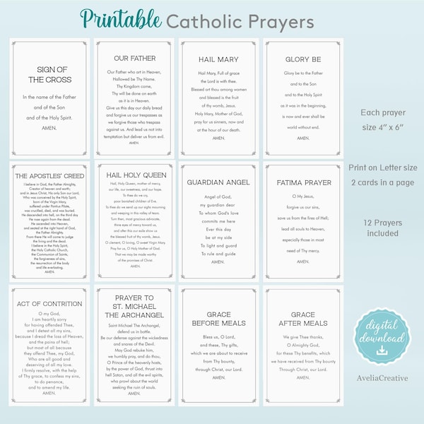 Catholic Prayers card bundle, Instant Download, Printable Catholic Prayers for kids, Our Father Hail Mary Glory Be Grace before after meals