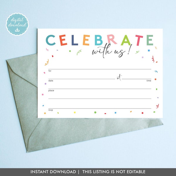 Celebrate with us Blank invitation, Instant Download, Fill-in invitation, printable birthday party confetti blank invite template