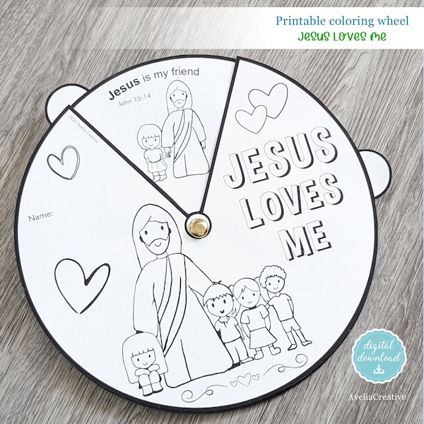 Jesus Loves me printable coloring wheel, Instant Download, Kids Bible Lesson Sunday school activities coloring wheel pin Jesus loves me