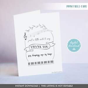 Music Teacher printable card, Instant Download, Thank you for keeping me in tune Thank you card, piano teacher black white printable card