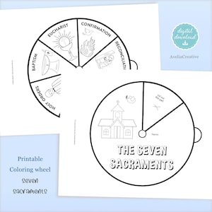 May include: Black and white printable coloring wheel with the seven sacraments of the Catholic Church: Baptism, Eucharist, Confirmation, Reconciliation, Holy Orders, Matrimony, and Anointing of the Sick. The wheel is designed to be cut out and spun.
