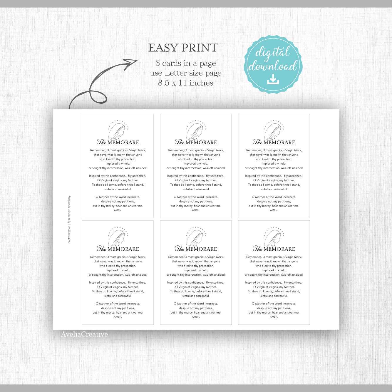 Printable Prayer Card the Memorare, Instant Download, Catholic Prayer ...