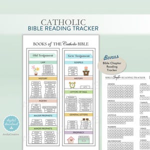 Puede incluir: Una tabla de seguimiento de lectura de la Biblia católica con dos columnas para los libros del Antiguo y Nuevo Testamento clasificados por género, junto a una hoja extra de seguimiento de capítulos. Incluye bloques de color pastel.