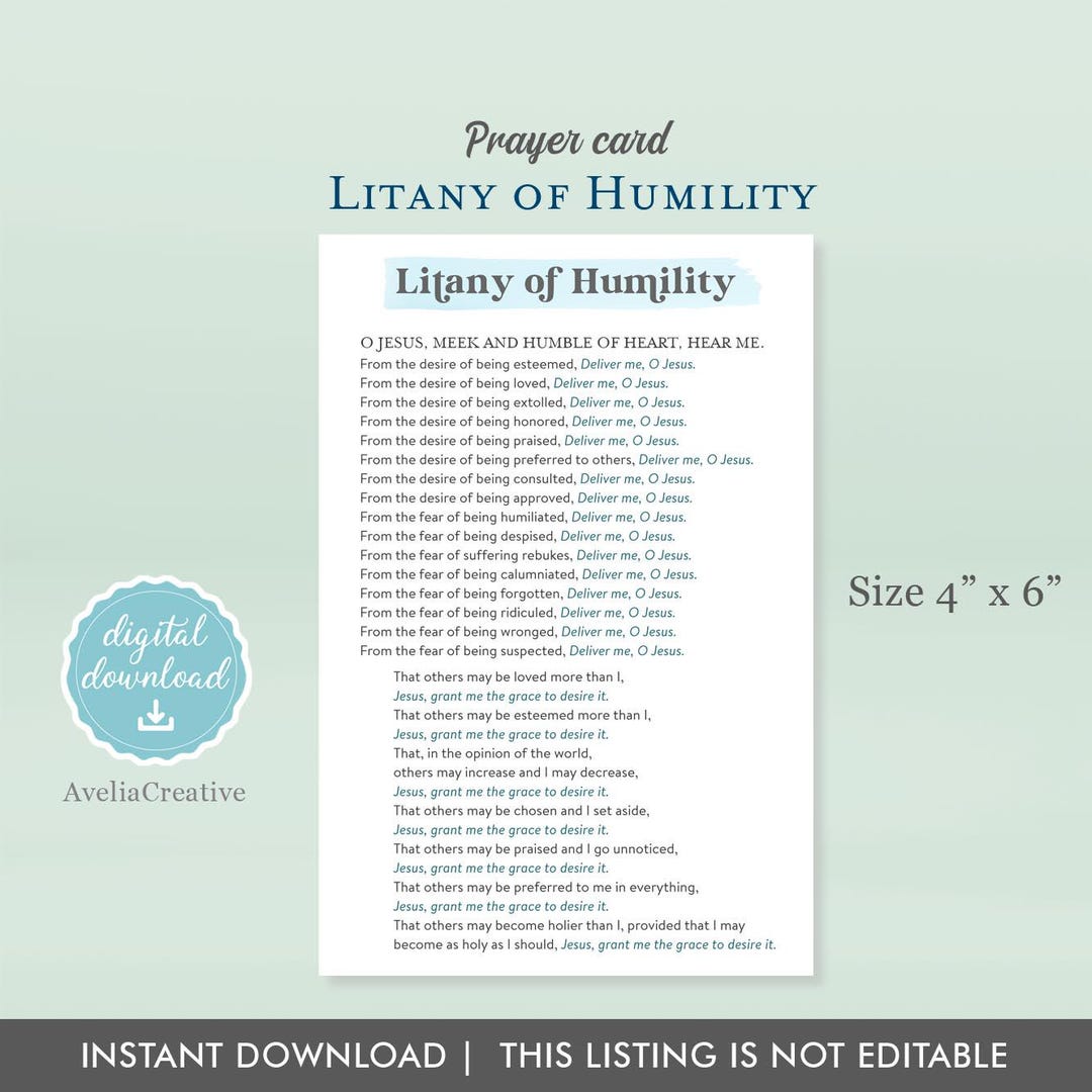 Humility Word Printable Litany of Humility Prayer Card, Instant Download, Printable Catholic ...