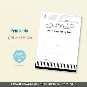 Music Teacher Gift Card Holder, Instant Download, Printable piano teacher gift card holder, black white music printable thank you card