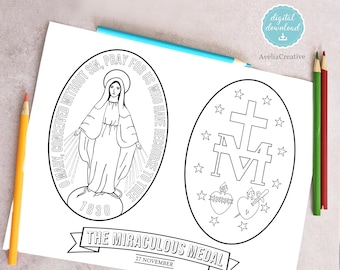 The Miraculous Medal Coloring Page, Instant Download, Printable Catholic Miraculous Medal coloring, Medal of Our Lady of Graces