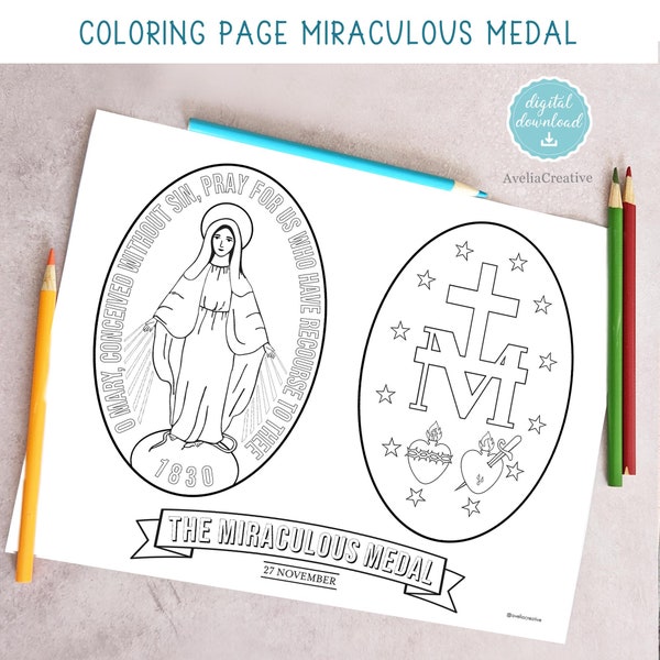 The Miraculous Medal Coloring Page, Instant Download, Printable Catholic Miraculous Medal coloring, Medal of Our Lady of Graces, JPG PNG
