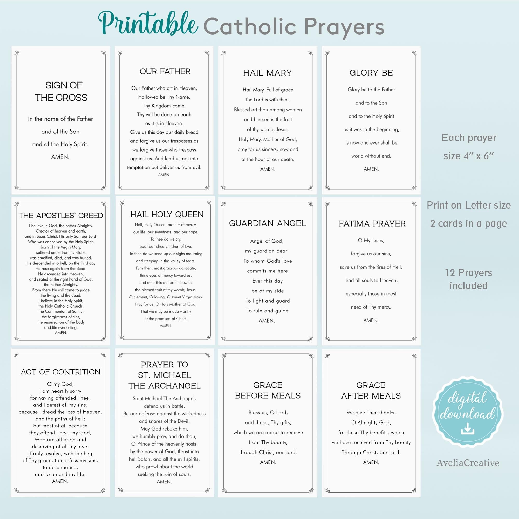 Catholic Prayers card bundle, Instant Download, Printable Catholic Prayers for kids, Our Father Hail Mary Glory Be Grace before after meals