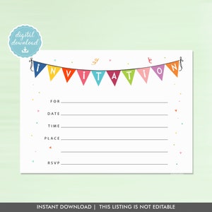 Party Blank Invitation, Instant Download, Fill-in Invite, Printable Birthday Party Invitation, Kids Party Event blank Invite